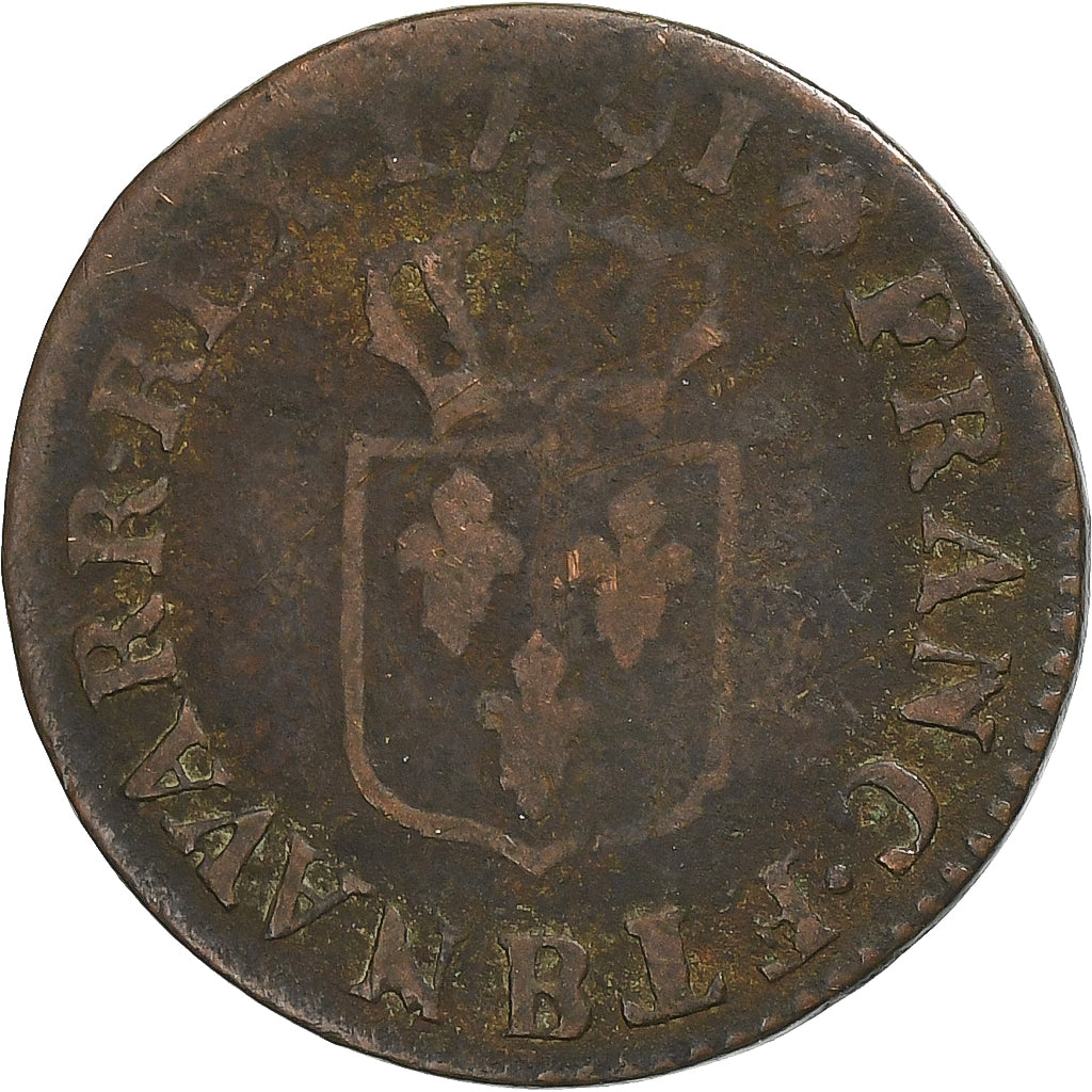 Frankrijk, Louis XVI, Liard, 1791, Rouen, Koper, ZG+, Gadoury:348