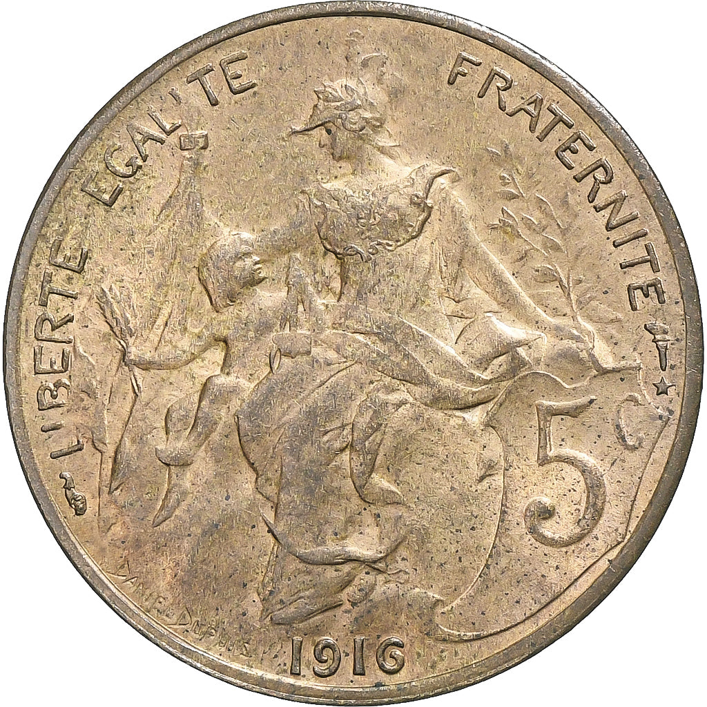 França, 5 Centimes, Daniel-Dupuis, 1916 ★, Paris, Bronze, AU(55-58)