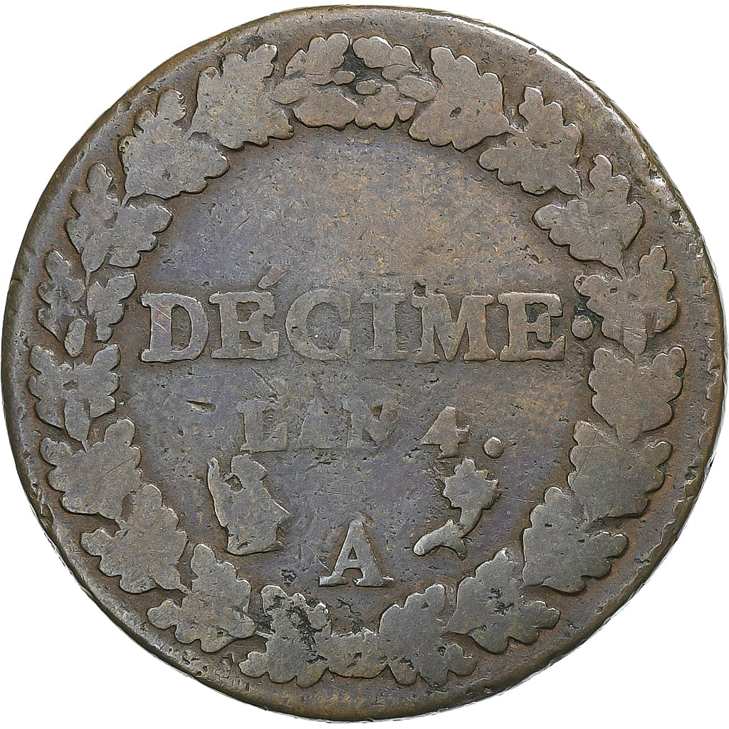 France, Decime, Dupré, AN 4, Paris, Petit module, Cuivre, TB, Gadoury:184