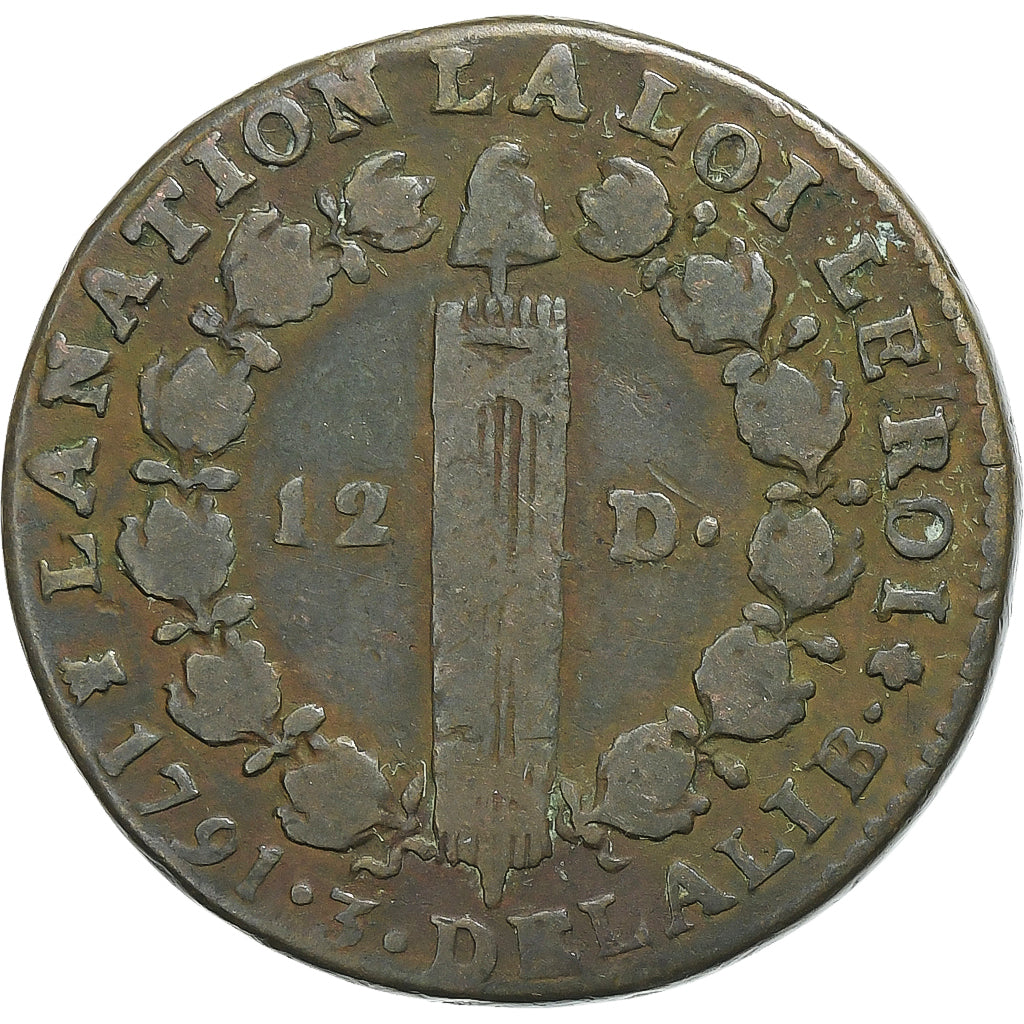 France, Louis XVI, 12 deniers françois, 1791·3, Limoges, Copper, VF(30-35)