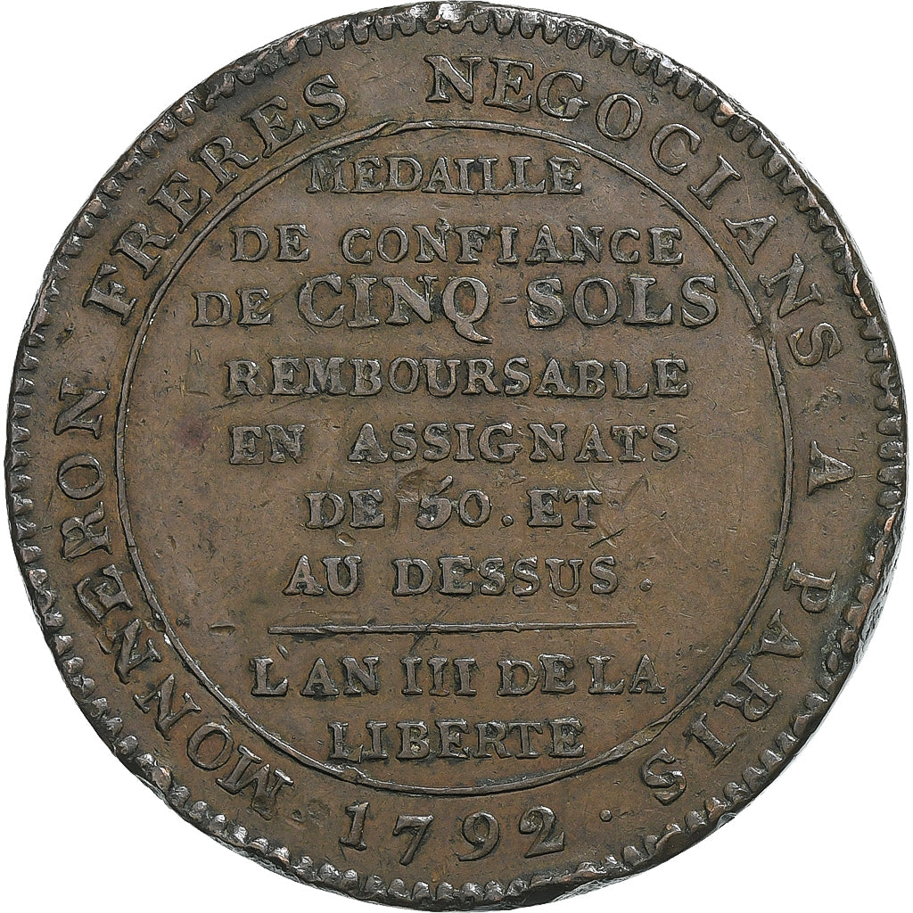 France, Monneron de 5 Sols, 1792, Bronze, VF(30-35)
