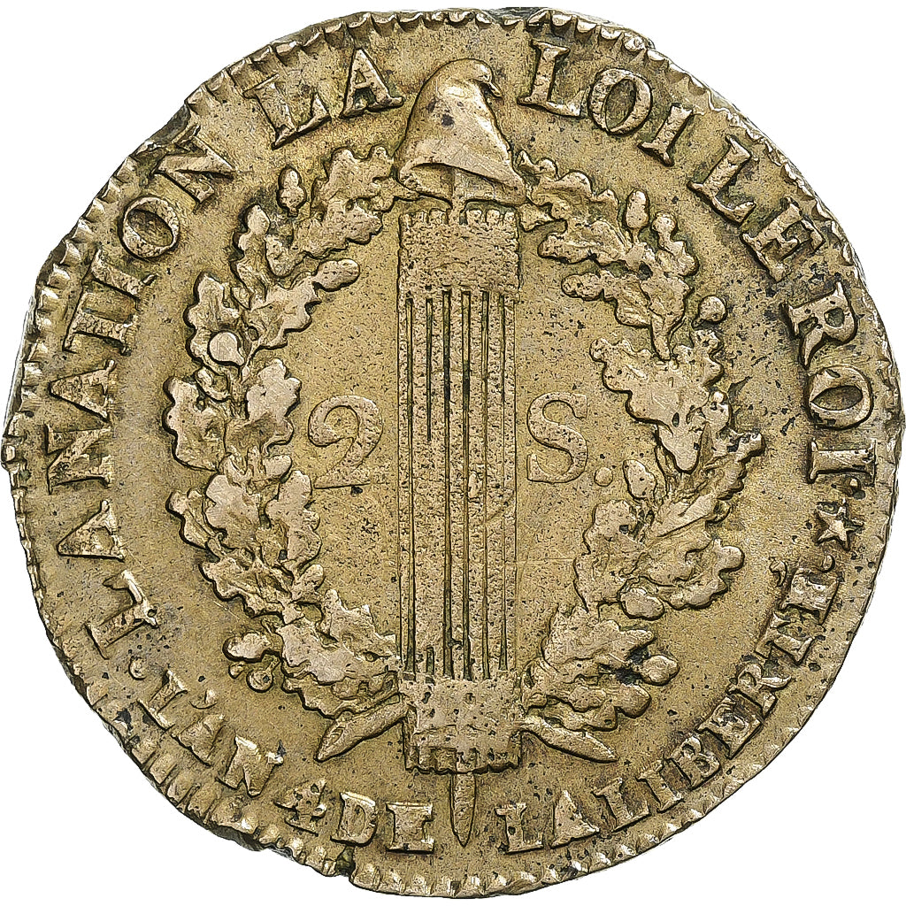 Francia, Louis XVI, 2 sols François, 1792 / AN 4, Orléans, Rame, BB