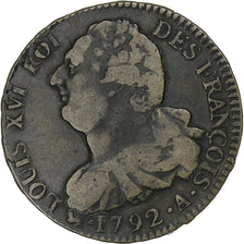 Francia, Louis XVI, 2 sols François, 1792 / AN 4, Paris, Cobre, BC+, Gadoury:25