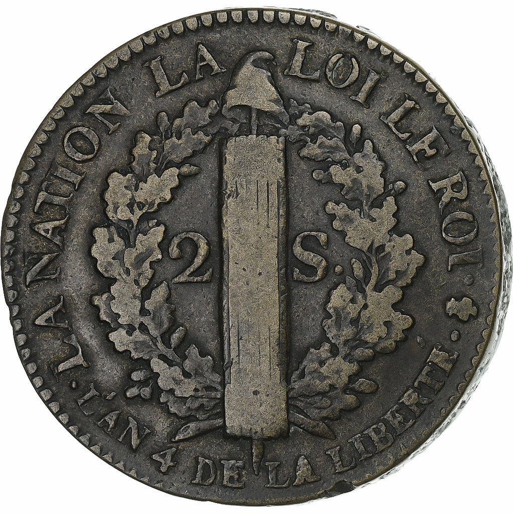 Francia, Louis XVI, 2 sols François, 1792 / AN 4, Paris, Cobre, BC+, Gadoury:25