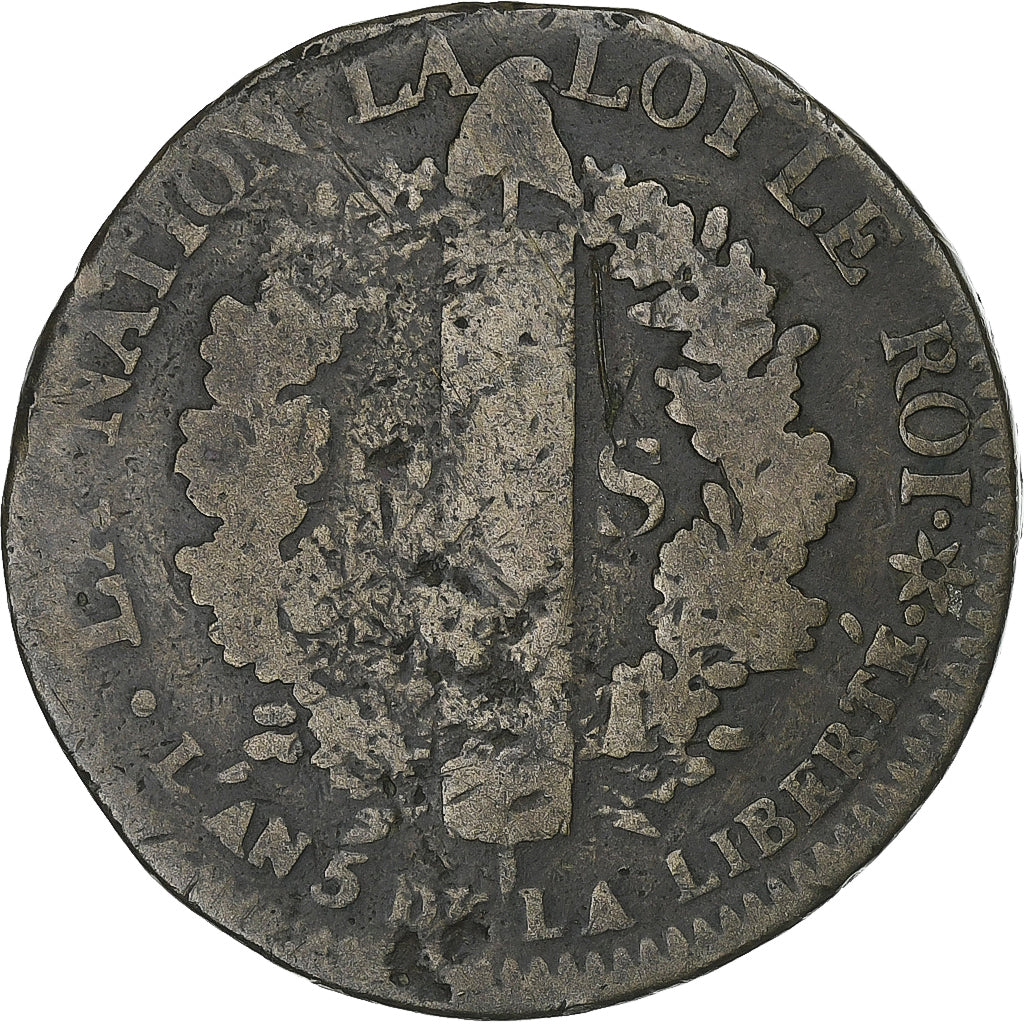 Frankreich, Louis XVI, 2 sols Français, 1793 / AN 5, Strasbourg, Kupfer, SGE+