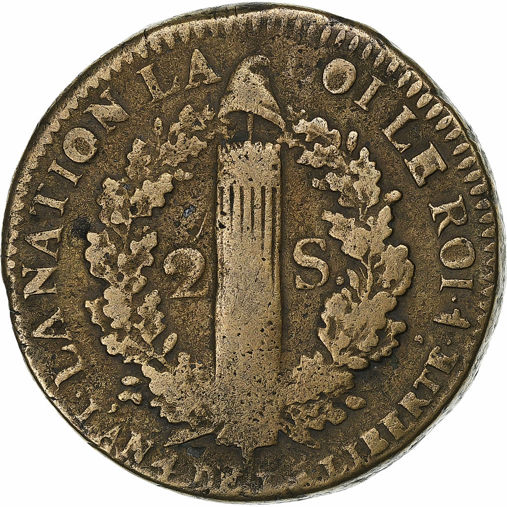 França, Louis XVI, 2 sols François, 1792 / AN 4, Lille, Cobre, VF(20-25)