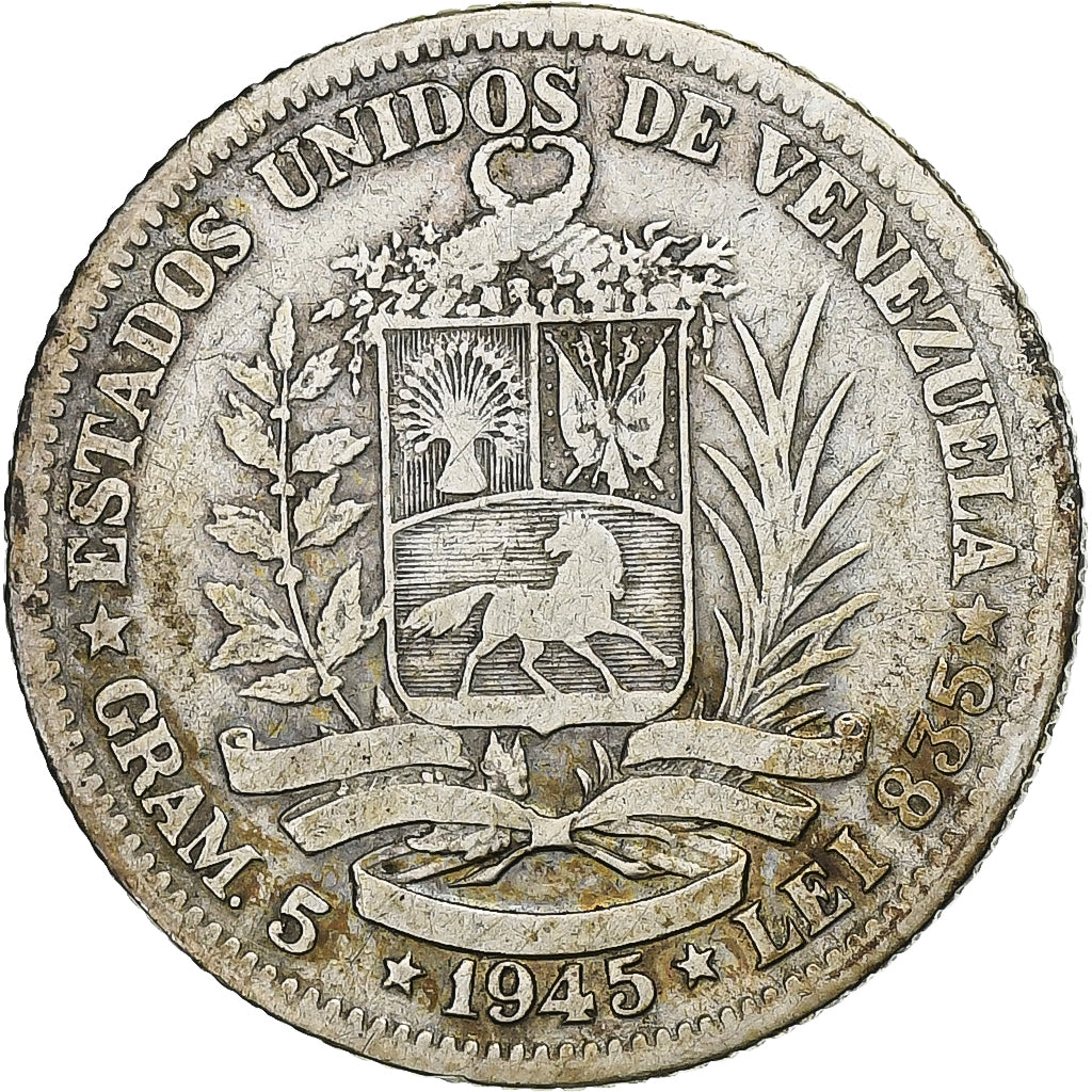 Venezuela, Bolivar, 1945, Philadelphie, Argent, TB, KM:22a