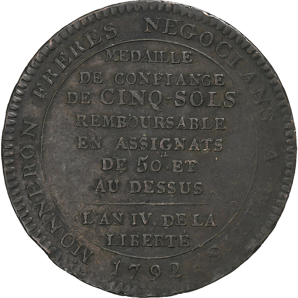 France, Monneron de 5 Sols, 1792, Bronze, VF(30-35)