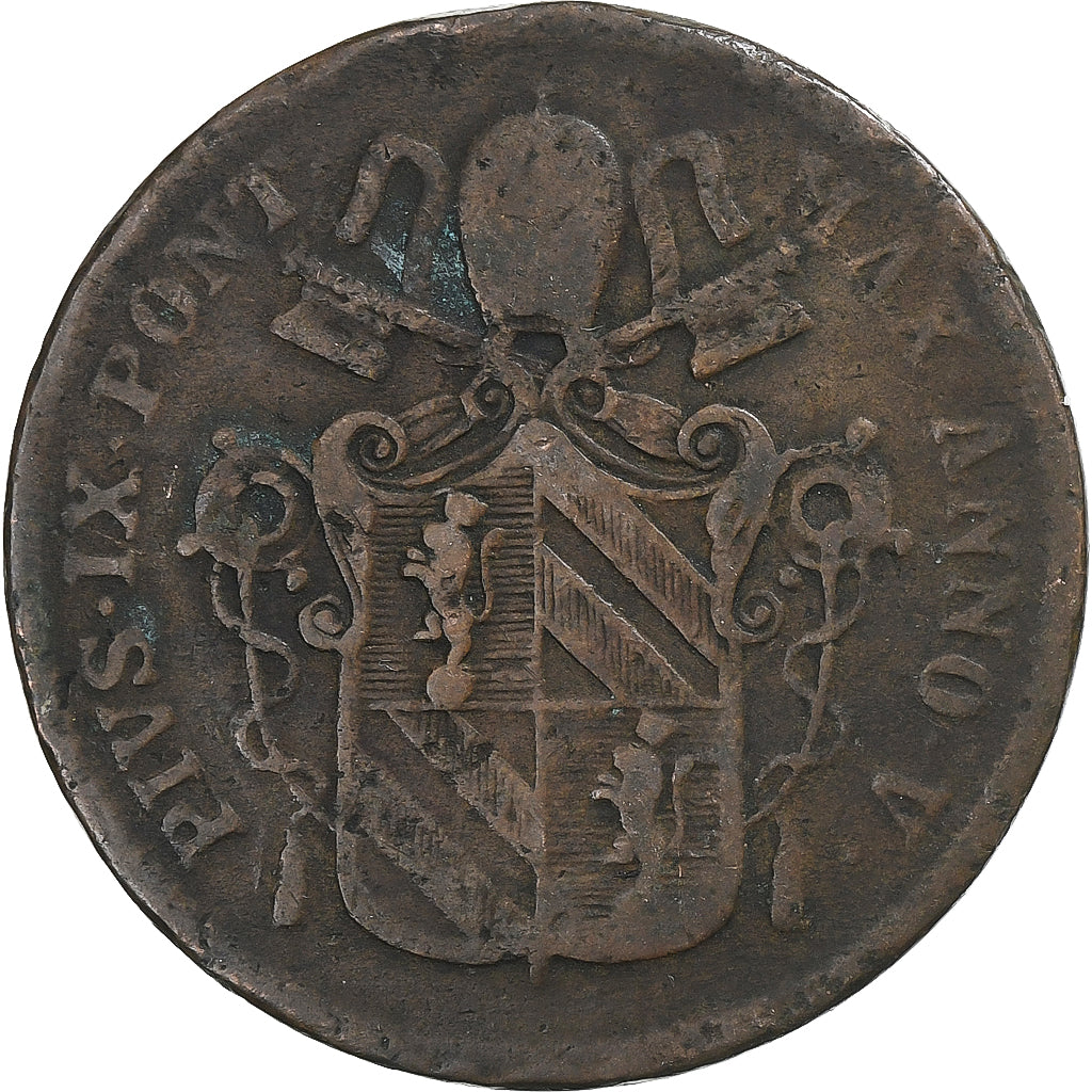 Papal States, Pius IX, Baiocco, 1850, Bologna, Cobre, VF(30-35), KM:1345