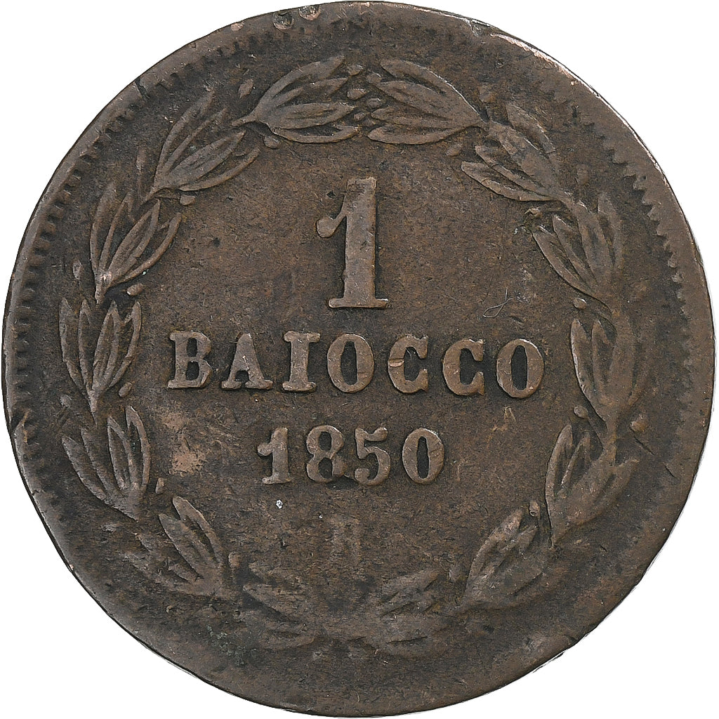 Papal States, Pius IX, Baiocco, 1850, Bologna, Cobre, VF(30-35), KM:1345