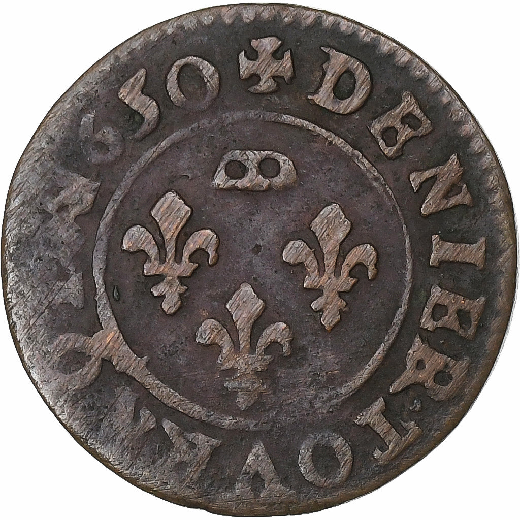 Principado de Dombes, Gaston d'Orléans, Denier Tournois, 1650, Trévoux, Cobre