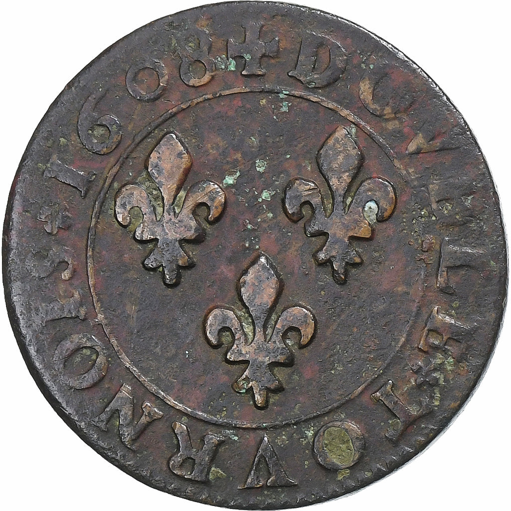 France, Henri IV, Double Tournois, 1608, Lyon, Copper, VF(30-35), Gadoury:538