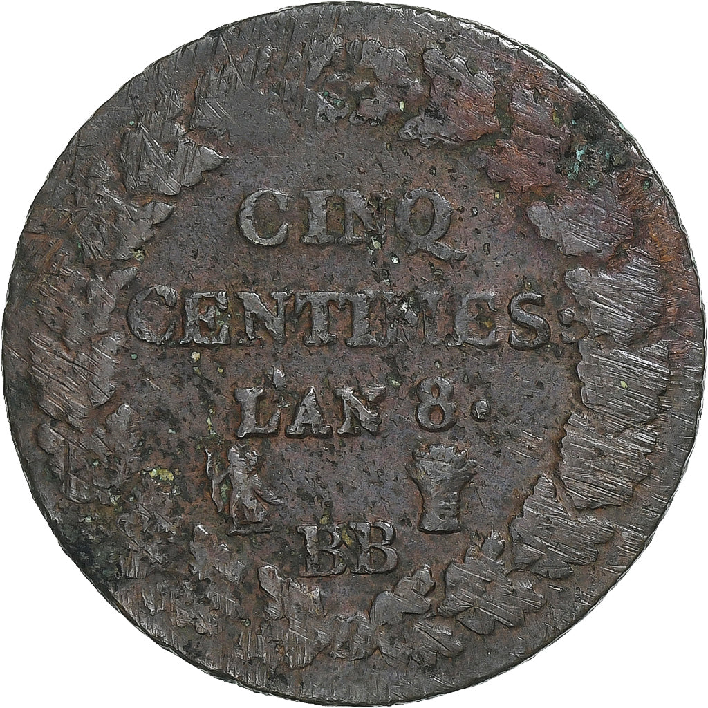 Francia, 5 Centimes, Dupré, AN 8, Strasbourg, Rame, MB+, Gadoury:126a, KM:640