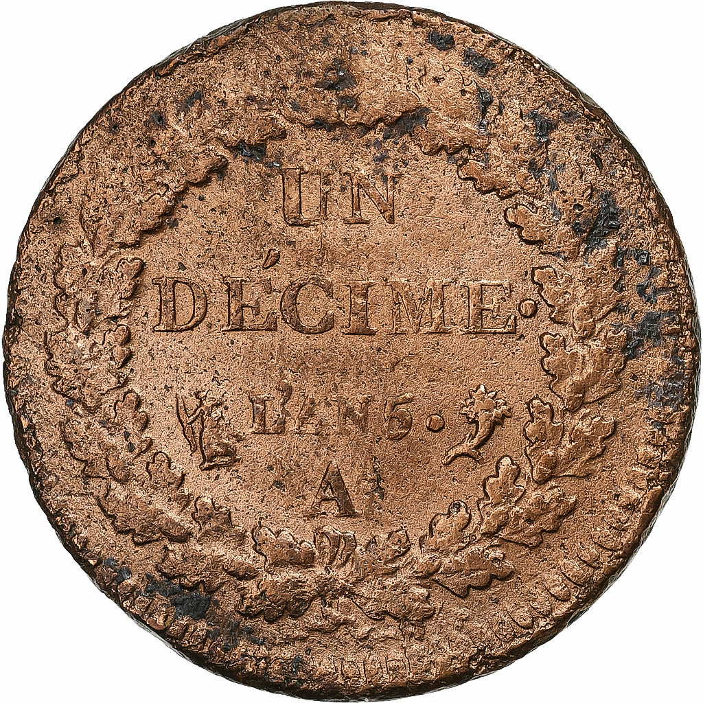 France, Decime, Dupré, AN 5, Paris, Copper, EF(40-45), Gadoury:187, KM:640