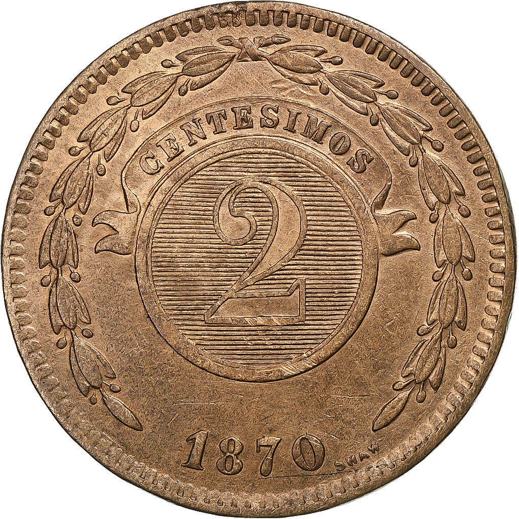 Paraguay, 2 Centesimos, 1870, Heaton, Copper, AU(50-53), KM:3