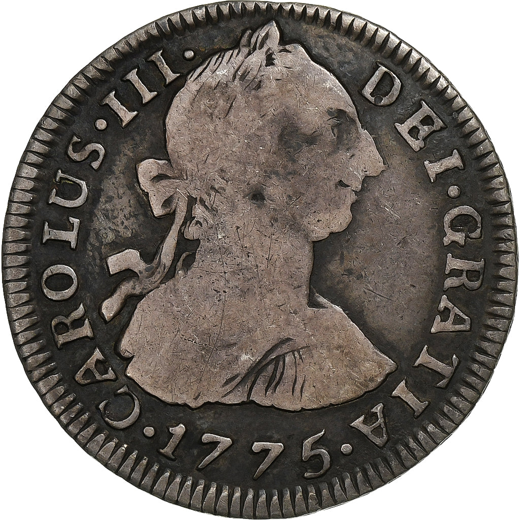 Bolivia, Carlos III, 2 Reales, 1775, Potosi, Plata, BC+, KM:53