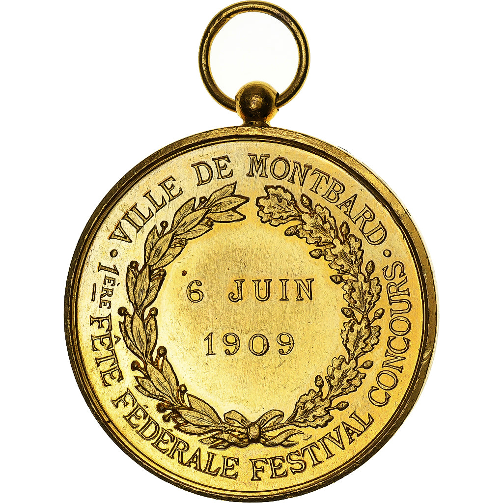 Frankreich, Medaille, Fête fédérale, ville de Montbard, 1909, Gilt Bronze