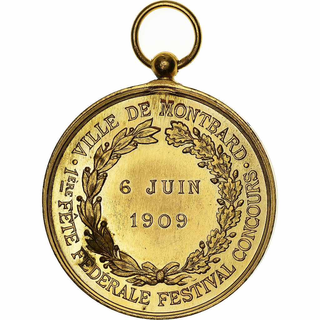 France, Medal, Fête fédérale, ville de Montbard, 1909, Gilt Bronze, MS63