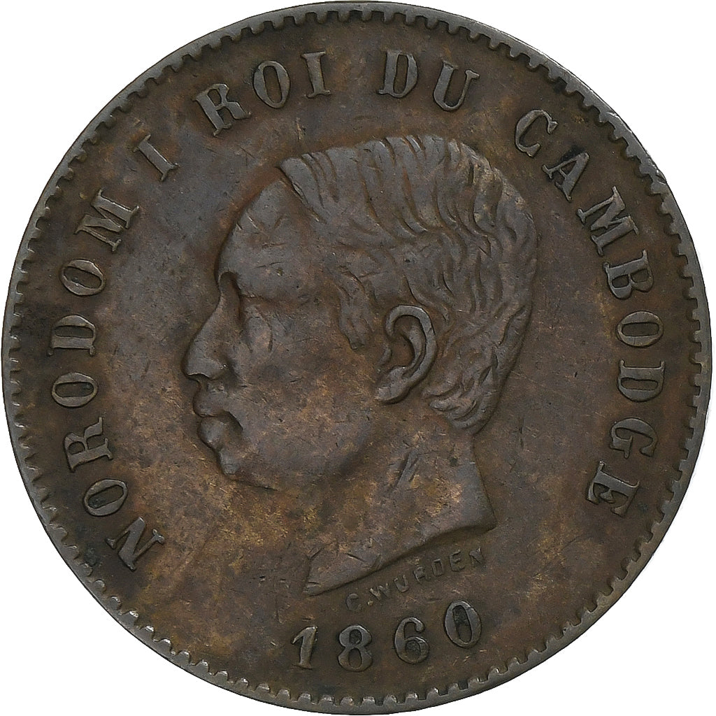 Cambodia, Norodom I, 5 Centimes, 1860, Brussels, Bronze, EF(40-45), KM:M2