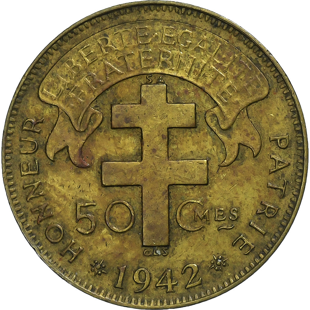 África ecuatorial francesa, 50 Centimes, 1942, Pretoria, Latón, BC+, KM:1