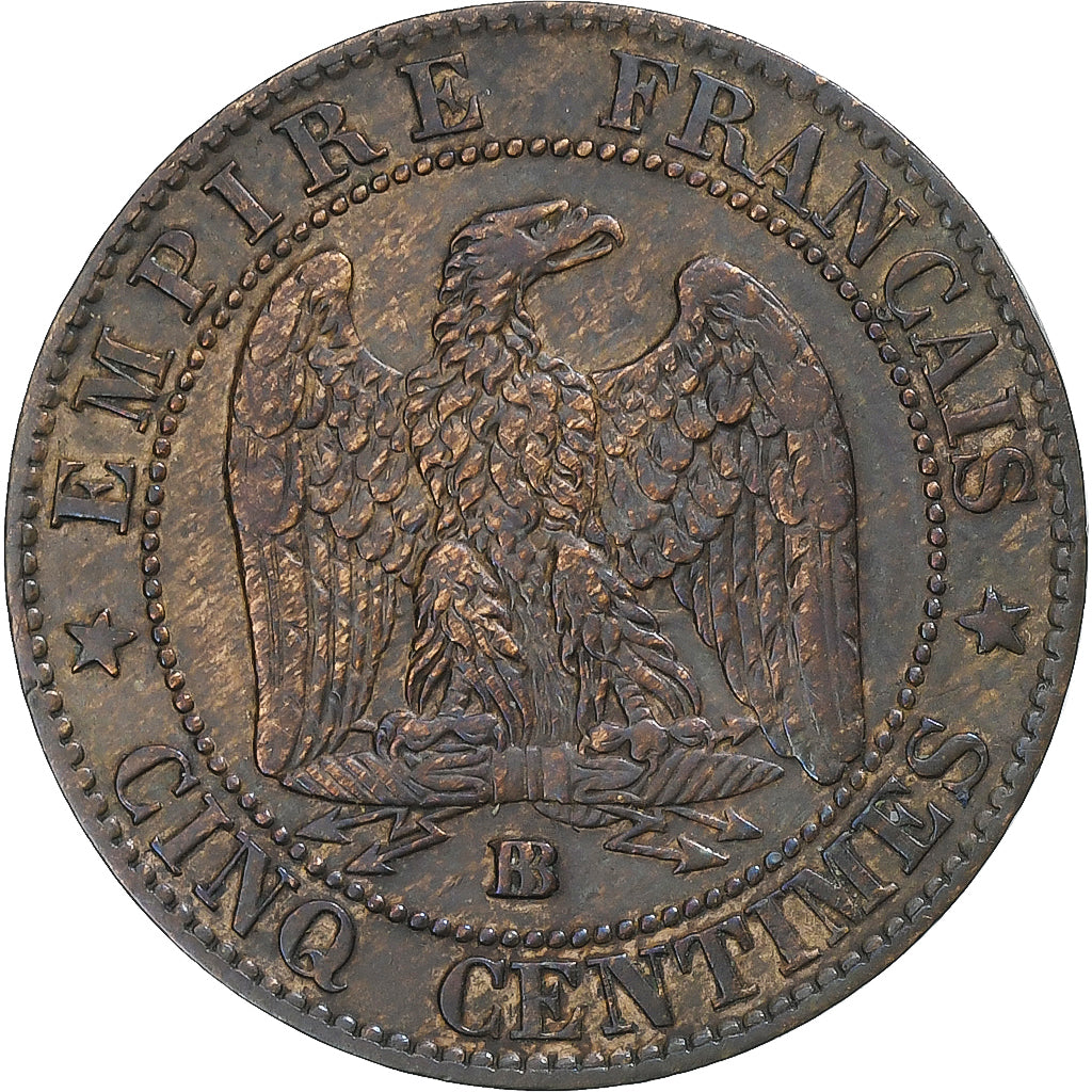 Francja, Napoleon III, 5 Centimes, 1856, Strasbourg, Brązowy, AU(50-53)