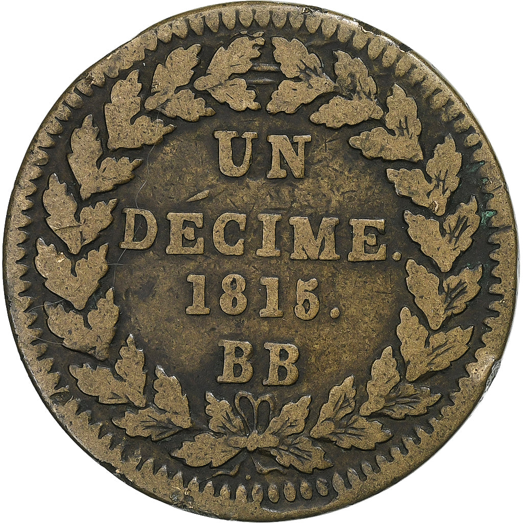 França, Louis XVIII, Décime., 1815., Strasbourg, Cobre, VF(30-35)