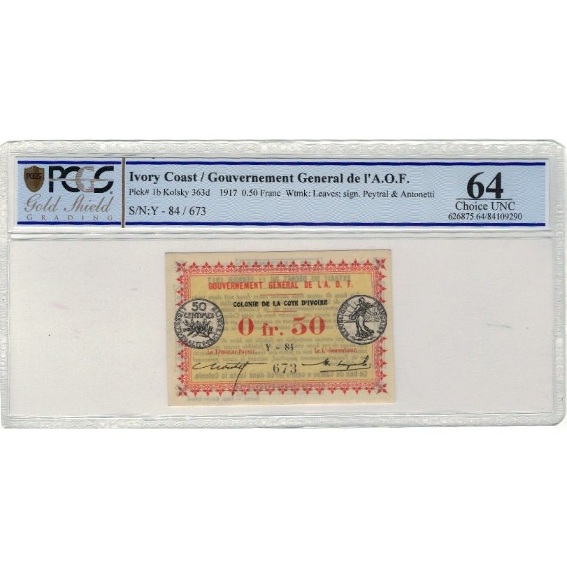 Banknote, Ivory Coast, .50 Franc, 1917, 1917-11-02, KM:1b, graded, PCGS