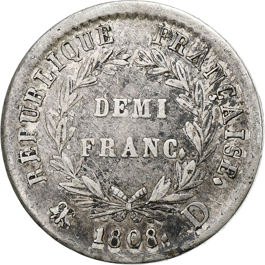 France, Napoleon I, 1/2 Franc, 1808, Lyon, Silver, EF(40-45), Gadoury:398