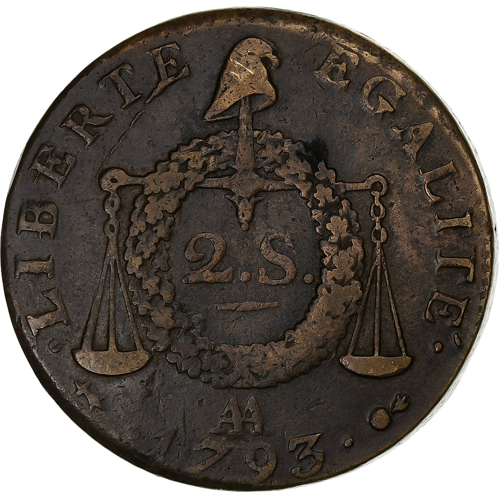 Francia, 2 sols à la Balance, 1793 / AN II, Metz, Rame, BB, Gadoury:31