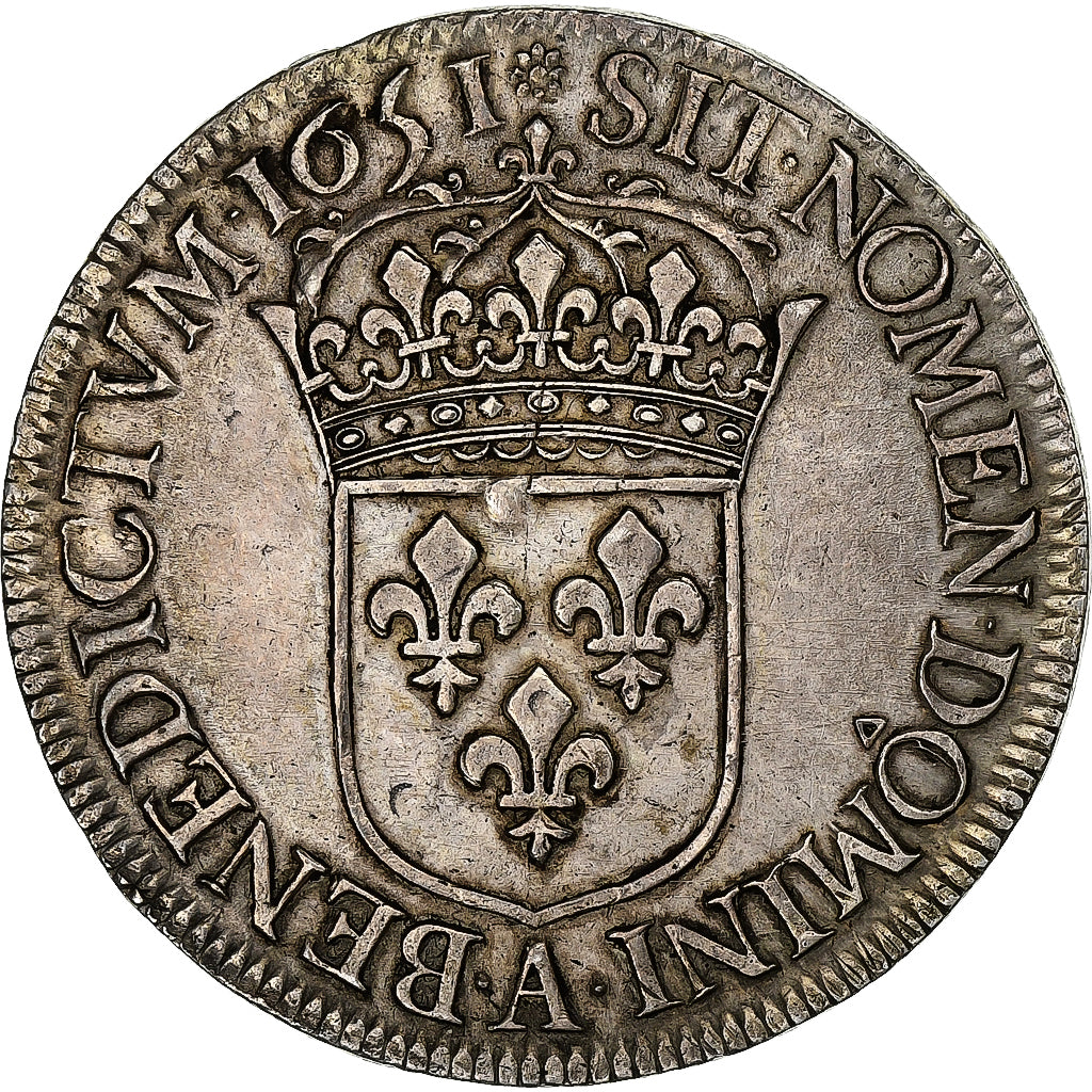 France, Louis XIV, Écu à la mèche longue, 1651, Paris, Argent, TB+