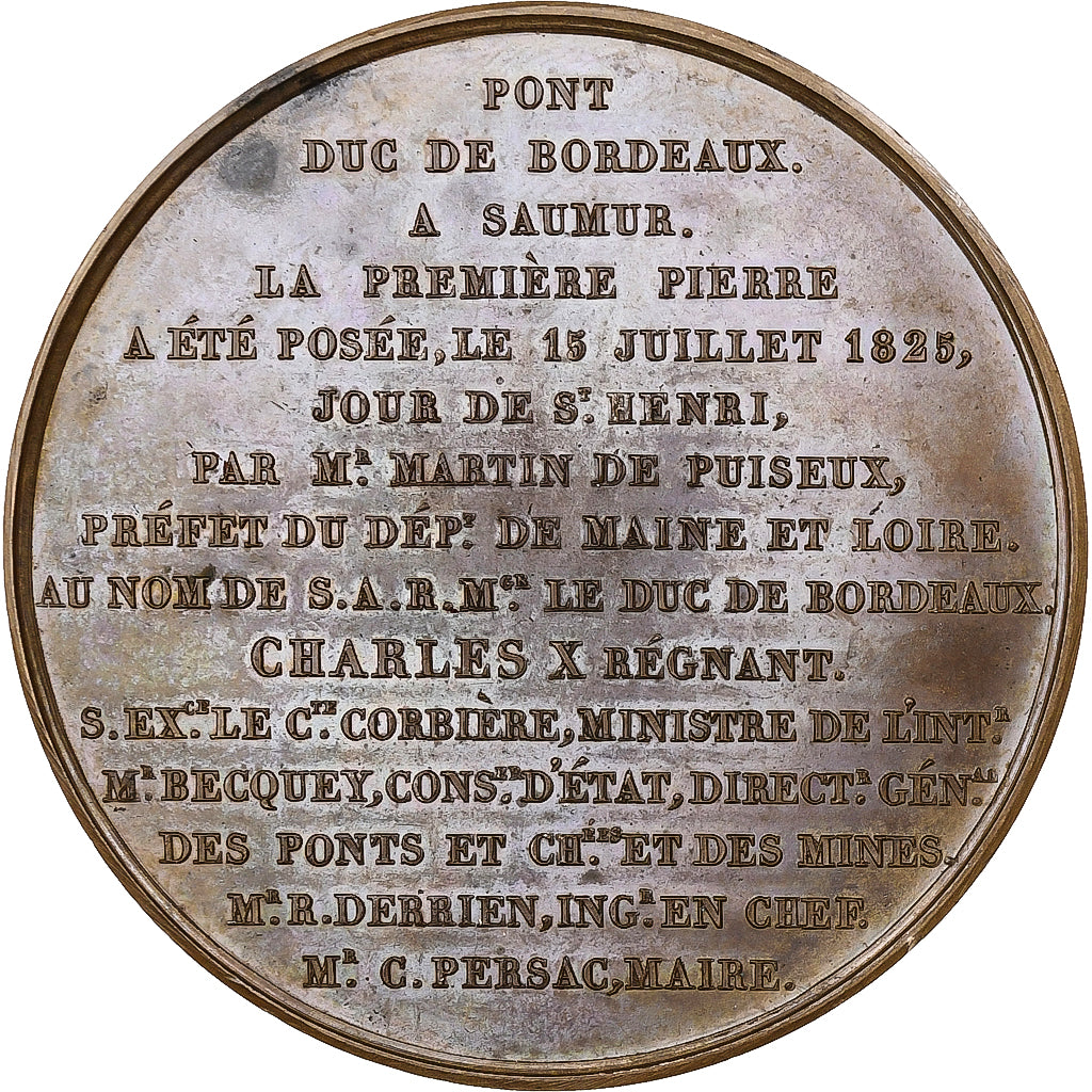 France, Medal, Charles X, Pont duc de Bordeaux, Saumur, 1825, Bronze