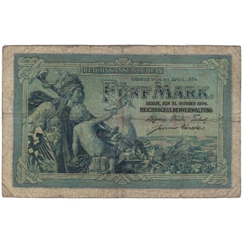 Banknote, Germany, 5 Mark, 1904, 1904-10-31, KM:8b, VG(8-10)