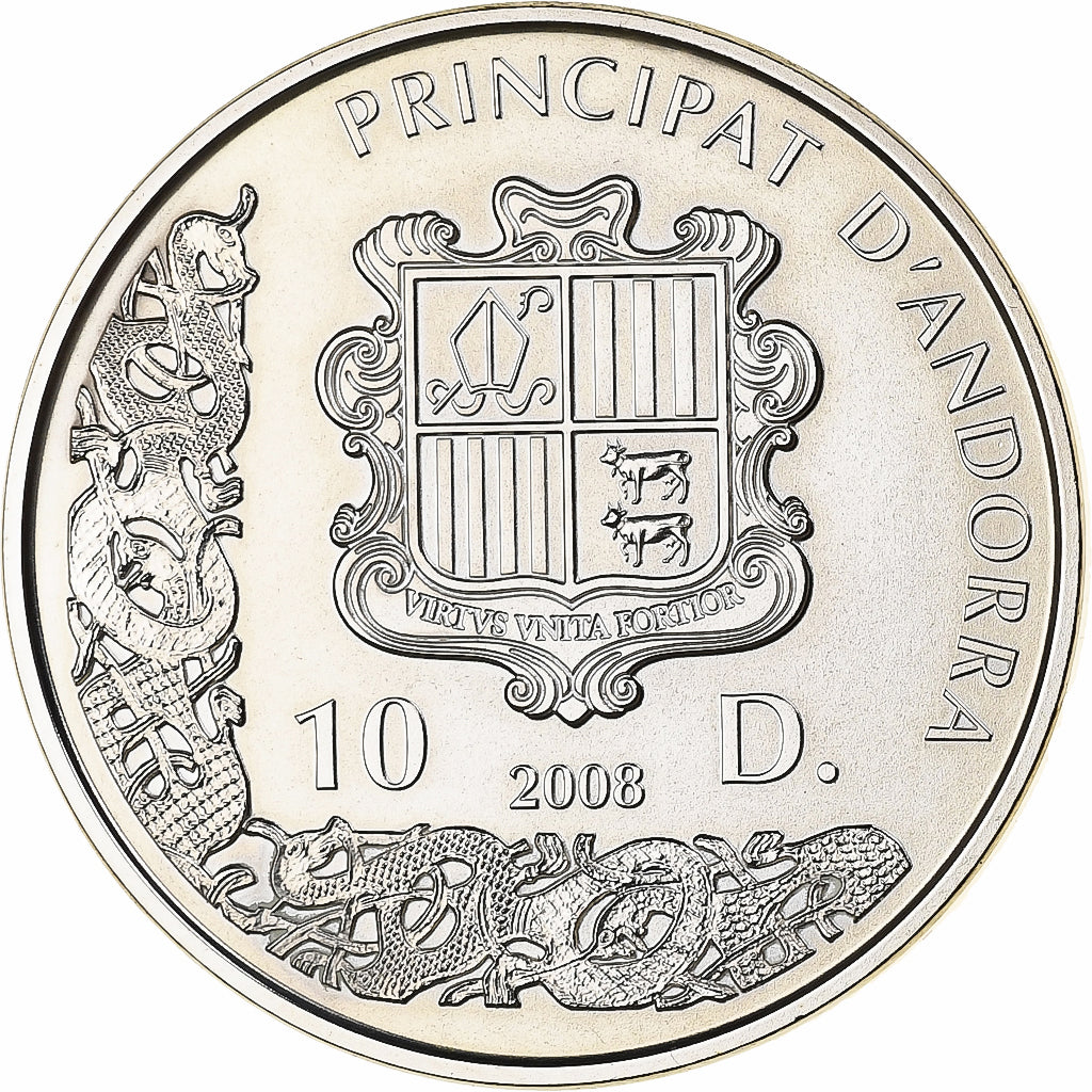 Andorra, 10 Diners, Viking Warrior, 2008, Proof, Silver, MS(65-70), KM:408