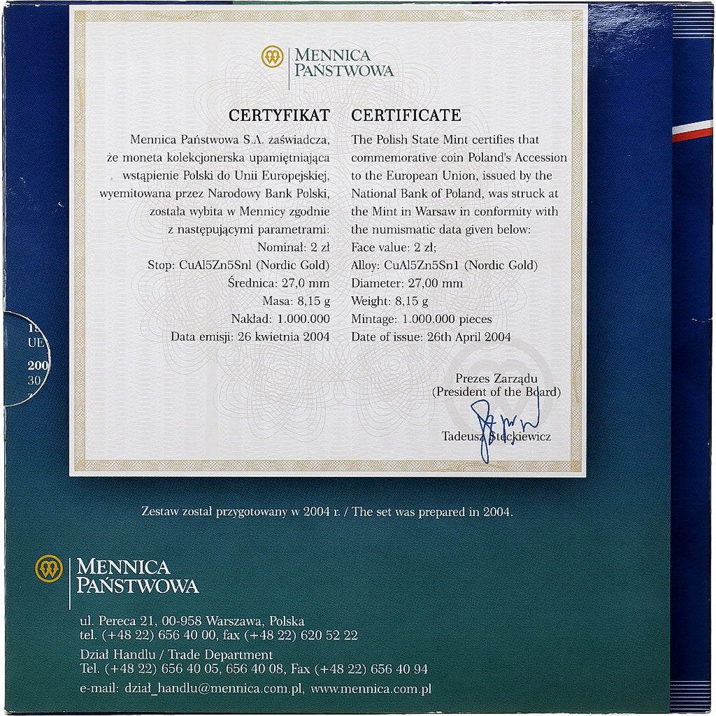 Polonia, 1 Grosz to 5 Złotych, Accession to the EU, 1995, Warsaw, BU, N.C., FDC