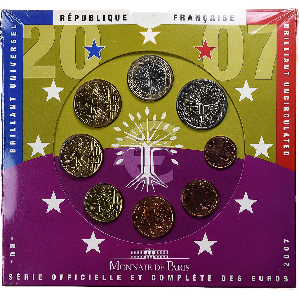 France, 1 Cent to 2 Euro, BU, 2007, Monnaie de Paris, FDC
