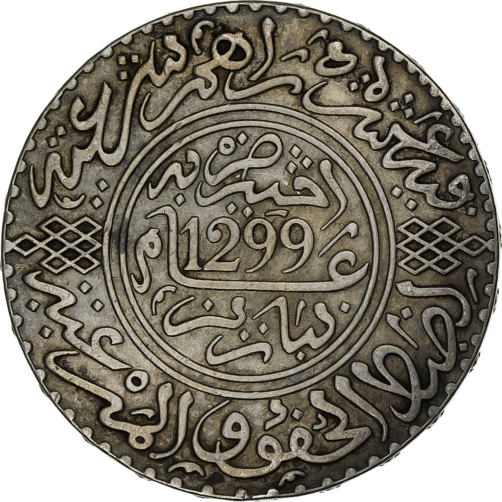 Maroko, Hassan I, 10 Dirhams, AH 1299/1882, Monnaie de Paris, Srebro, AU(55-58)