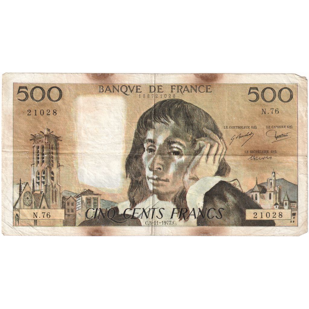 Francia, 500 Francs, Pascal, 1977-11-03, N.7621028, MB