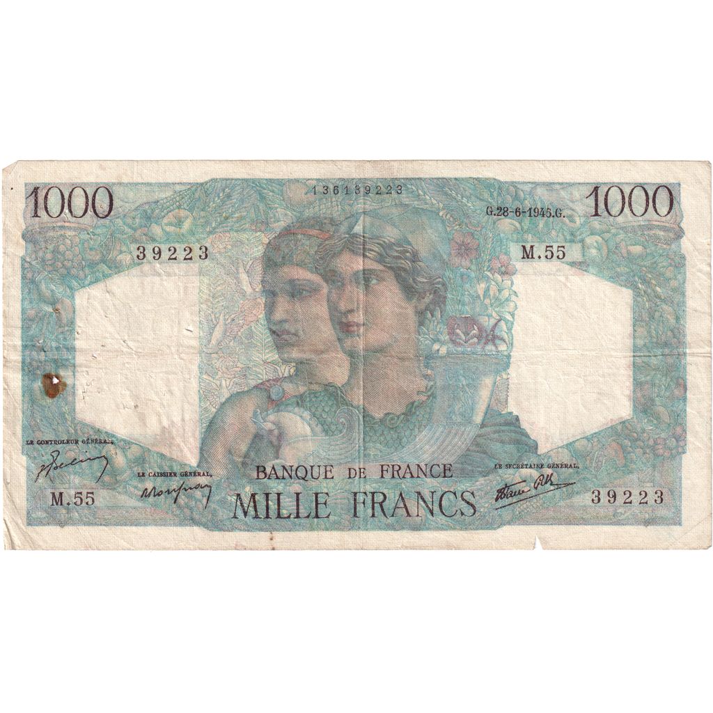 France, 1000 Francs, Minerve et Hercule, 1945-06-28, M.5539223, VF(30-35)