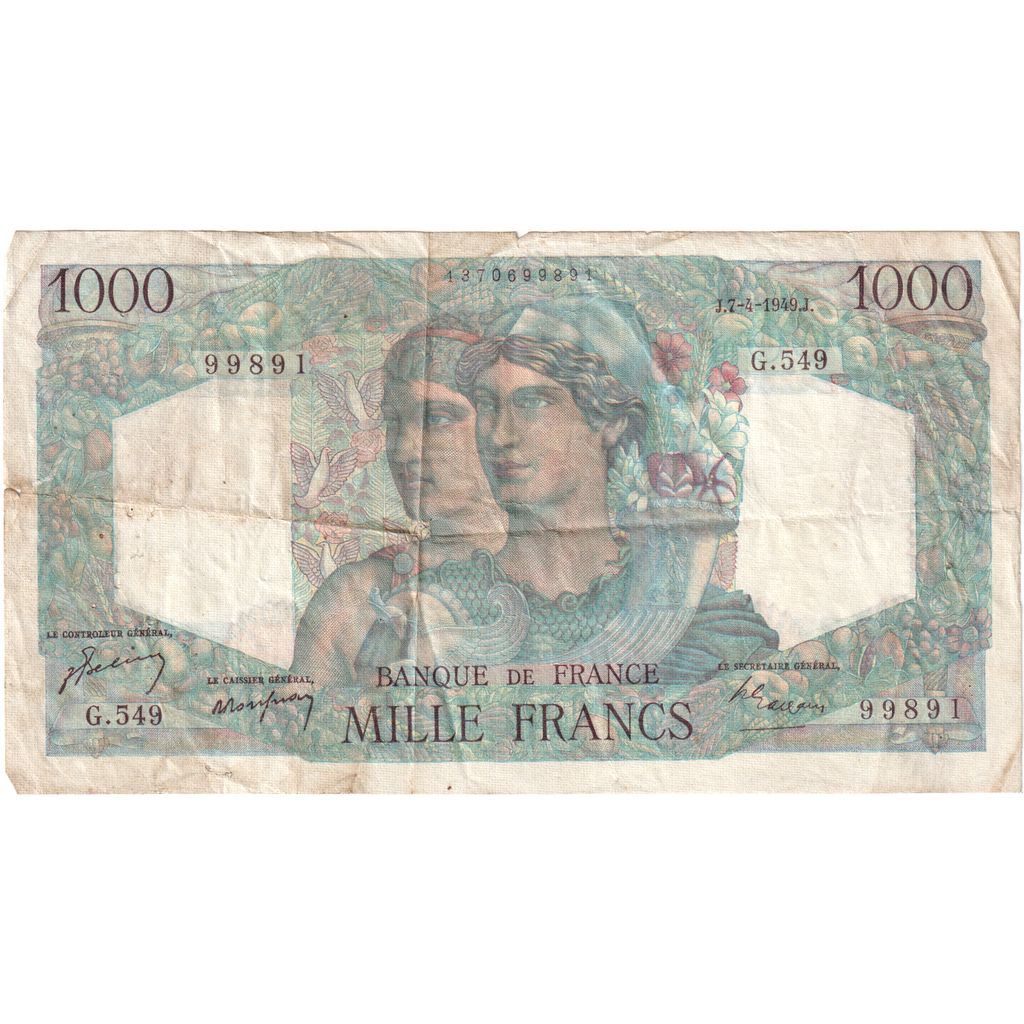 França, 1000 Francs, Minerve et Hercule, 1949-04-07, G.54999891, VF(30-35)