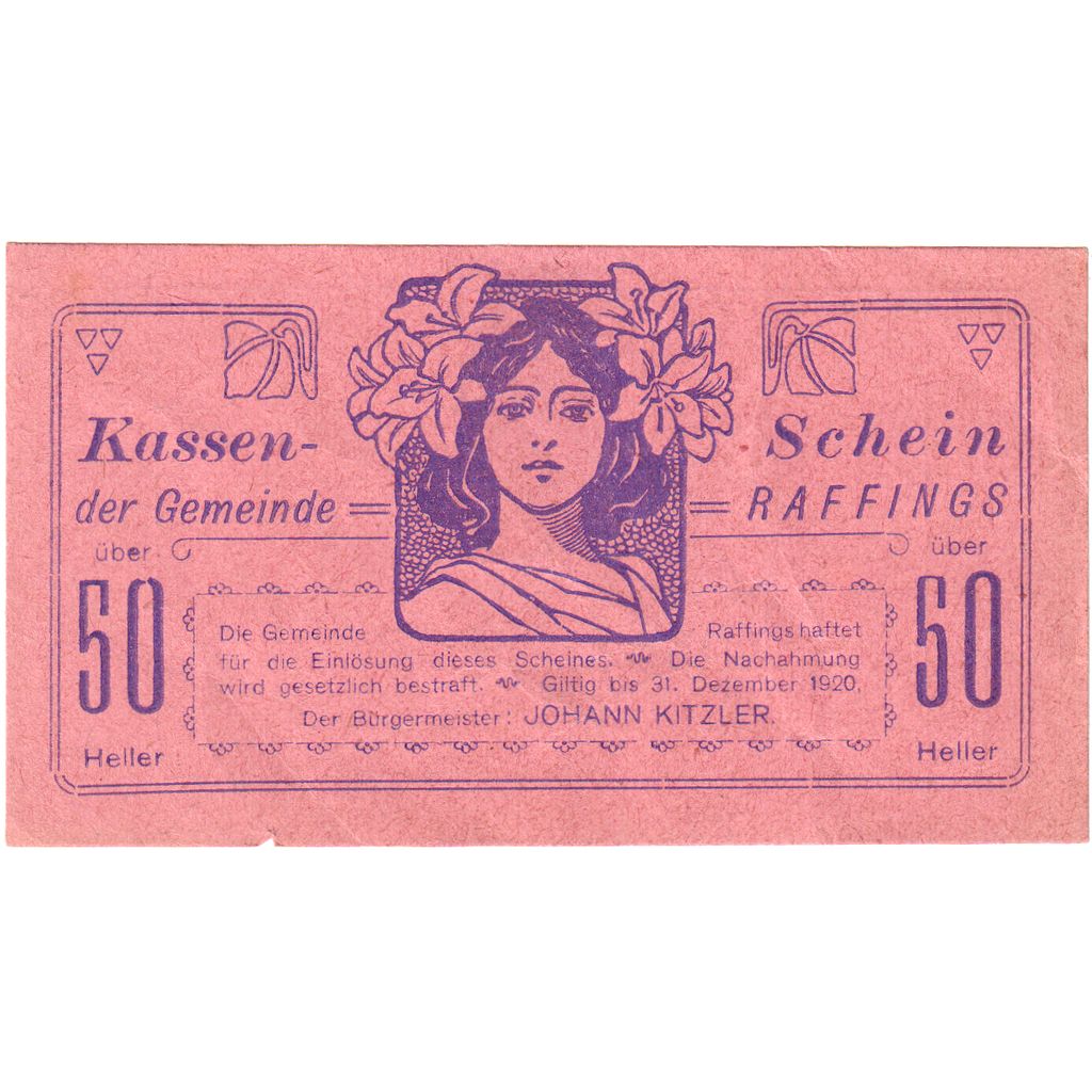 Billet, Autriche, Raffings N.Ö. Gemeinde, 50 Heller, valeur faciale 2, 1920
