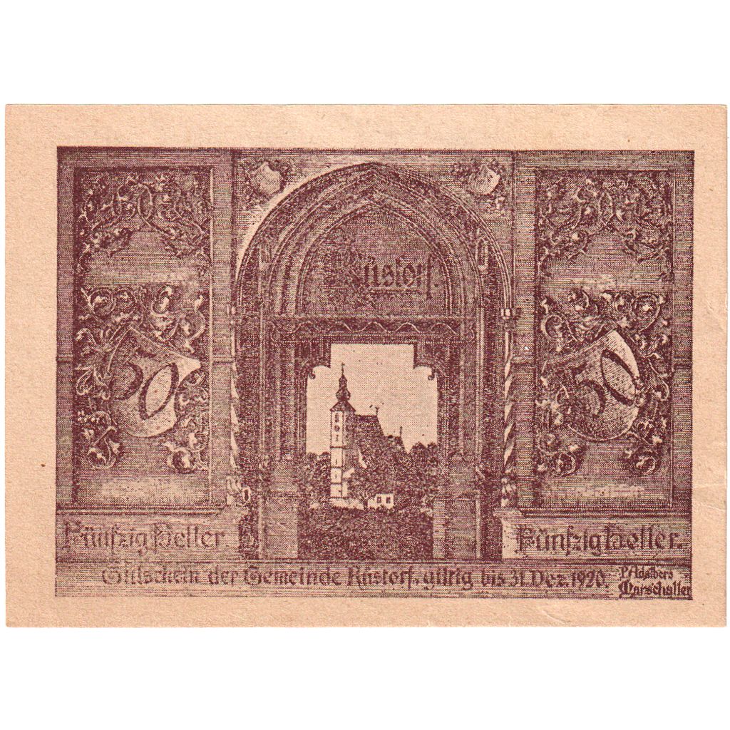 Billet, Autriche, Rustorf, 50 Heller, Eglise, 1920, 1920-12-31, SUP, Mehl:FS