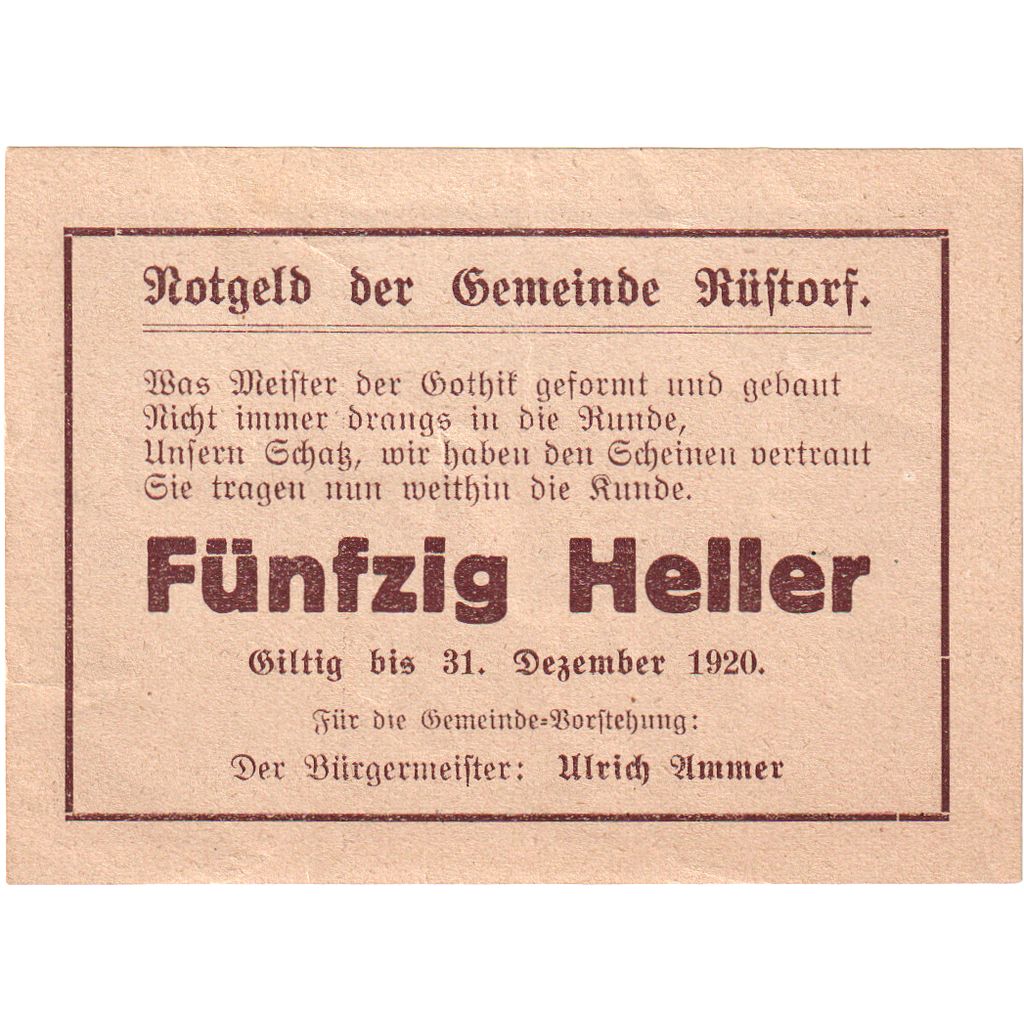 Billet, Autriche, Rustorf, 50 Heller, Eglise, 1920, 1920-12-31, SUP, Mehl:FS