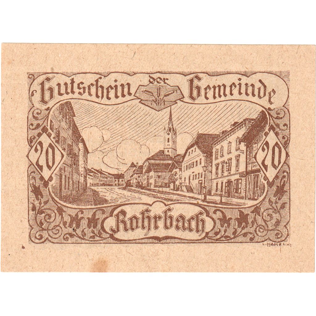 Banknote, Austria, Rohrbach O.Ö. Gemeinde, 20 Heller, texte 1, 1920, AU(55-58)