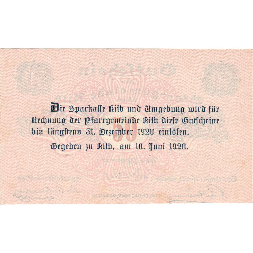 Austria, Kilb N.Ö. Prv. Pfarrgemeinde, 50 Heller, 1920-12-31, UNC(63)