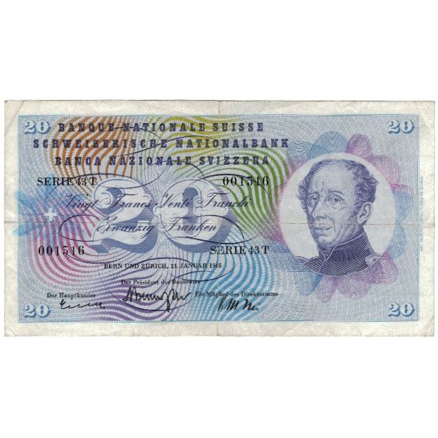 Geldschein, Schweiz, 20 Franken, 1965, 1965-01-21, KM:46l, SS