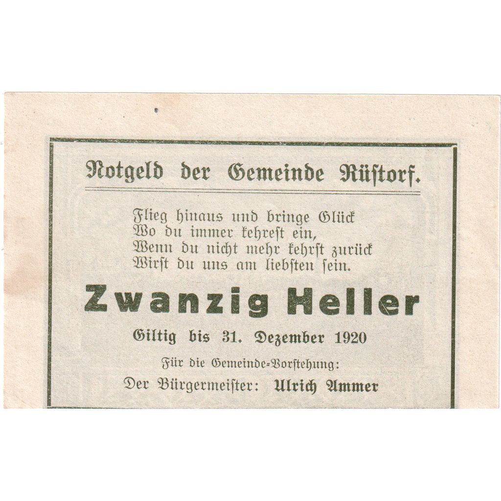 Austria, Rustorf, 20 Heller, 1920-12-31, UNC(63)