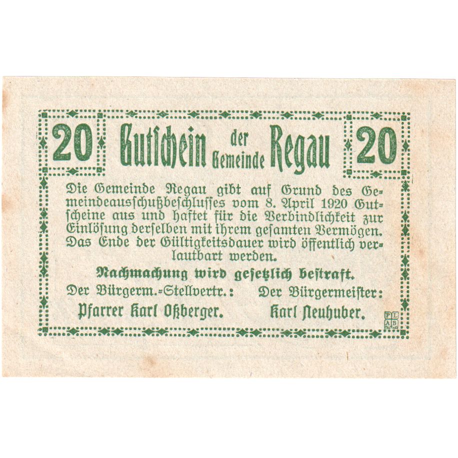 Austria, Regau, 20 Heller, UNC(63)