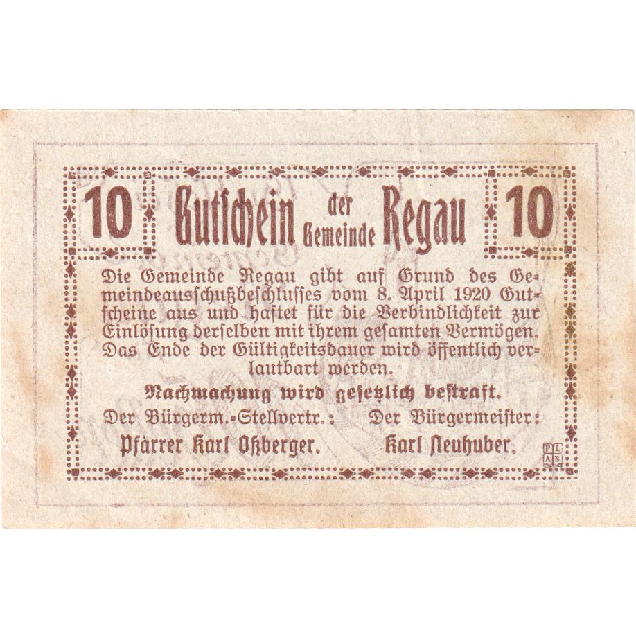 Geldschein, Österreich, Regau, 10 Heller, Eglise, 1920 UNZ- Mehl:FS 825