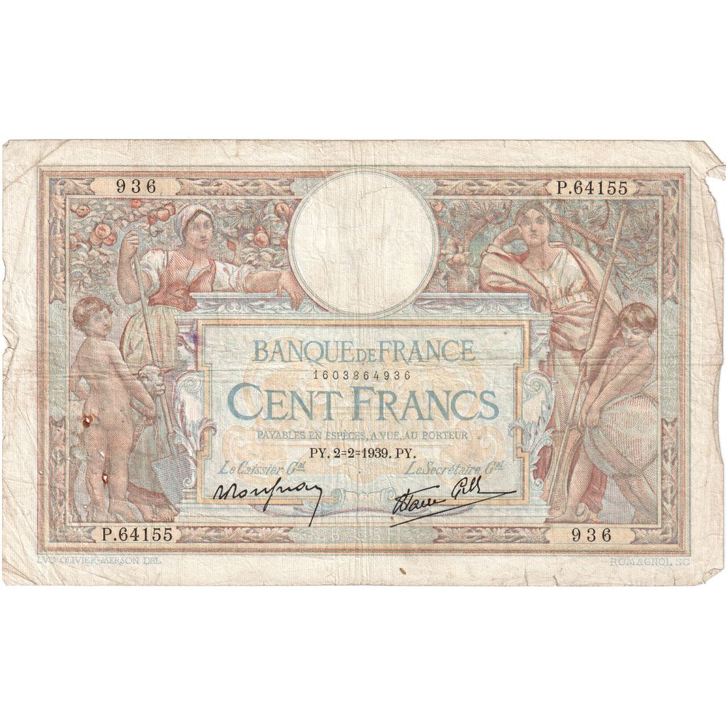 Frankreich, 100 Francs, Luc Olivier Merson, 1939-02-02, P.64155936, S+