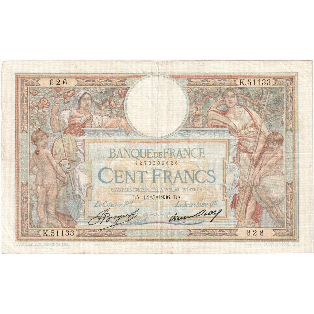 Frankrijk, 100 Francs, Luc Olivier Merson, 1936-05-14, K.51133626, TTB